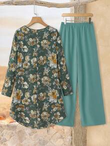 Rusticease Conjunto de top de manga larga de corte holgado con estampado floral y pantalones de pierna ancha
