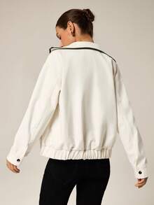 Hanevo Women's Elegant Leather Patchwork Double-Zipper Long Sleeve Jacket - Black and White - View 2