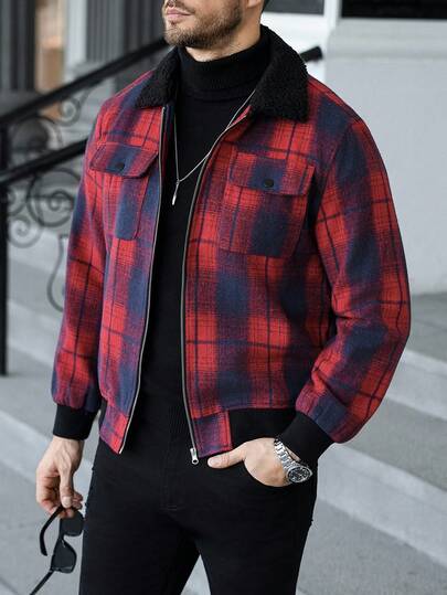 Manfinity CasualCool Chaqueta casual con cierre de cremallera, bolsillos utilitarios y manga larga a cuadros para hombres, chaqueta a cuadros roja de otoño/invierno para hombres, chaqueta de invierno para hombres, chaqueta con cremallera para hombres, chaqueta casual a cuadros para hombres, chaqueta a cuadros roja, regalo de Navidad