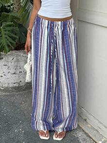 SHEIN EZwear Quần ống rộng kẻ sọc thường ngày cho nữ - Màu xanh lam - Xem 3