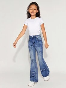 Radiana Tween Girls Y2K Fashion Stonewashed Heart Pattern High Waist Flare Leg Jeans, Girls Fall Clothes Streetwear Outfits - Medium Wash - View 7