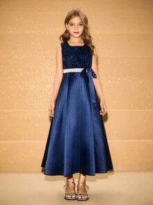 Vestido elegante de niña con lazo de lentejuelas de satén para Navidad, fiesta, boda y ocasiones formales - Azul - Ver 5