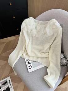 SHEIN Women's Casual Loose 3D Floral Decor Drop Shoulder Long Sleeve Sweater, Autumn - Beige - View 3