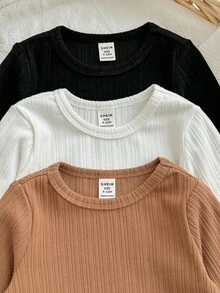 SHEIN Bộ đồ liền thân dệt kim tay dài trơn 3 món cho bé gái - Nhiều màu - Xem 7