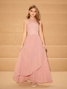 少女优雅奢华粉色露背长款雪纺连衣裙，适合晚会、宴会、婚礼、节日、圣诞节、万圣节、返校、毕业典礼等场合 - 粉色 - 查看 7