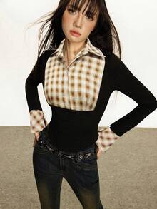 INAWLY 女式休闲格子拼布喇叭袖衬衫，秋季 - 棕色 - 查看 6