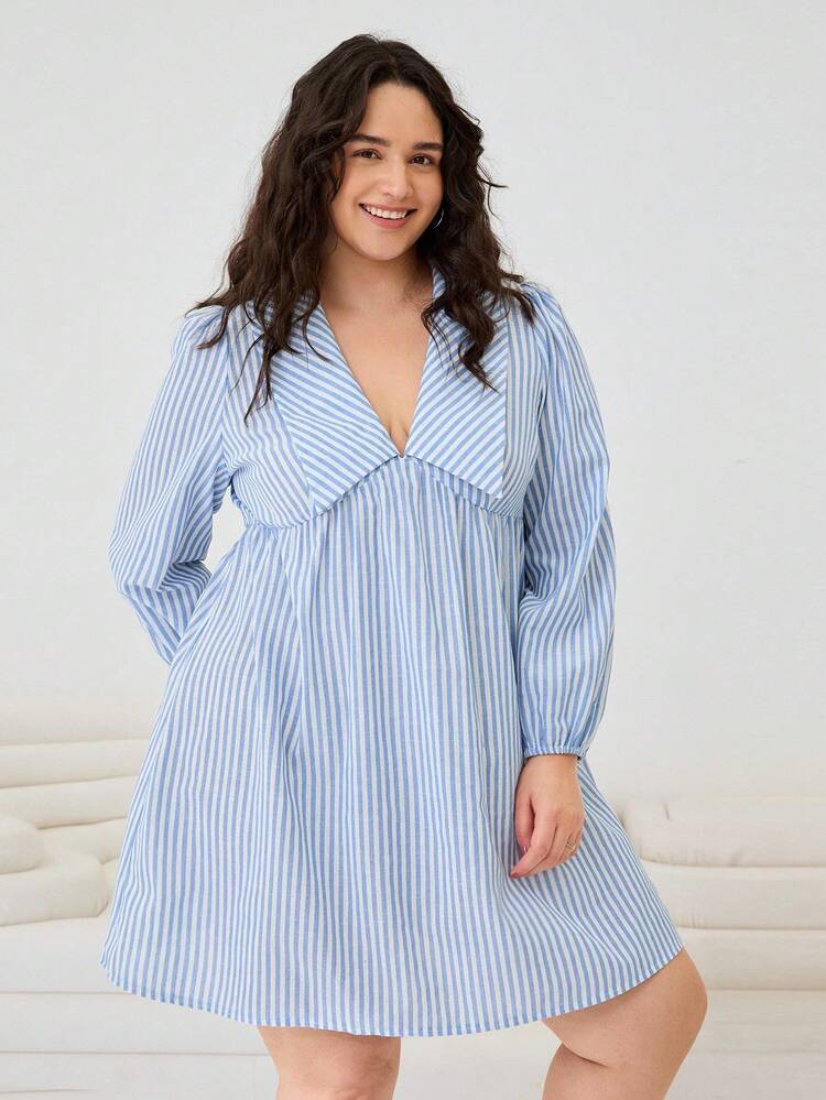 Solflare 25岁大码秋冬新款连衣裙百搭简约日常通勤约会适合各种场景显瘦大码条纹彼得潘领短款连衣裙 - 藍白色 - 查看 6