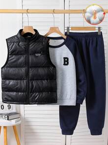 SHEIN 3 件套儿童/青少年男童休闲运动街头图案字母印花圆领宽松羊毛运动衫、裤子、绗缝加厚背心外套冬季服装套装，适合学校、花园、海滩、生日、春季、夏季、秋季、冬季 - 藍色 - 查看 2
