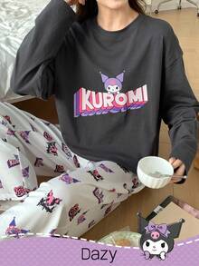 DAZY HELLO KITTY AND FRIENDS | SHEIN 女士卡通图案宽松上衣和裤子睡衣套装，秋季、秋冬季服装 - 深灰色 - 查看 3