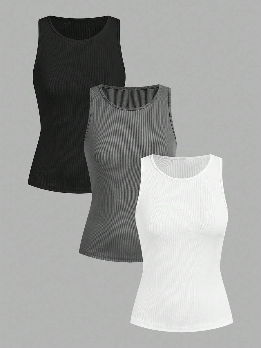 Comfortcana 3pcs Casual Basic Minimalist Ribbed Camisole Set, Round Neck Off-Shoulder All-Match Vest, Versatile Style Suitable For Spring Summer, Gym White - Multicolor - View 1