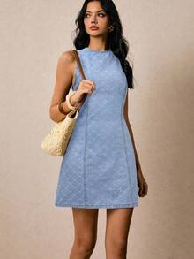 Vintamour 女式蓝色圆领无袖菱形图案修身牛仔连衣裙 - 淺色水洗藍 - 查看 5