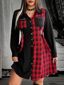 Whyspr Váy sơ mi phong cách Punk cỡ lớn dành cho nữ, họa tiết kẻ caro đỏ đen tương phản, thắt eo, tay dài, dáng ngắn - Nhiều màu - Xem 7