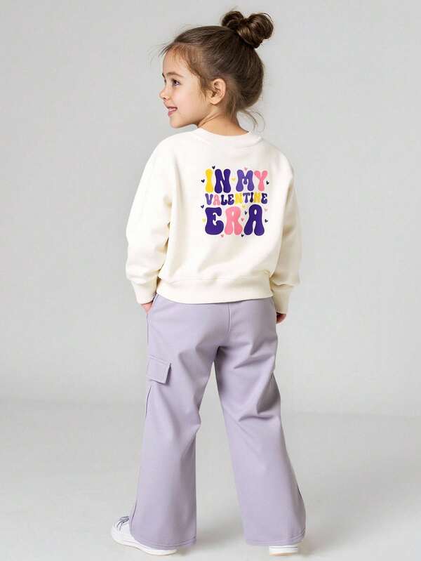JNSQ Ensemble 2 pièces pour jeune fille : Sweat-shirt-shirt ample à col ras-du-cou avec imprimé graphique de lettres à manches longues et pantalon de jogging droit. Convient pour le port quotidien en automne et hiver, les activités extérieures, les vacances, le streetwear, les fêtes et les tenues décontractées.