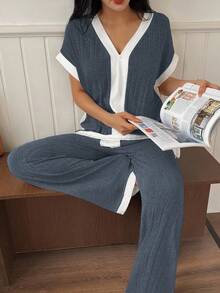 Lazeform 2件套女士针织休闲拼色V领短袖上衣和裤子睡衣套装 - 藍色 - 查看 4