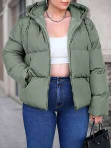 EURMUSE Plus Size Solid Color Minimalist Everyday Zip-Up Hooded Padded Coat - Mint Green - View 5