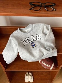 SHEIN Áo nỉ chui đầu giữ ấm cho bé trai, in chữ và hình gấu, thích hợp mặc hàng ngày, hoạt động ngoài trời và thể thao vào mùa thu/đông. - Xám - Xem 4