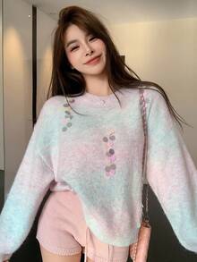 DAZY Damski luźny, swobodny, elegancki sweter w paski z nadrukiem tie-dye, kolorowy, dojazdowy, stylowy, z kryształkami i cekinami, jesień/zima - Miętowy niebieski - Zobacz 8