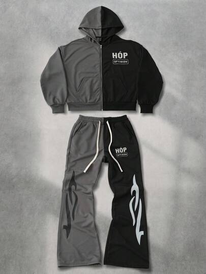 Street Life مجموعة بلوزة رياضية وبنطلون رياضي بسحاب للرجال مع طباعة ألوان متباينة ، ملابس خريفية