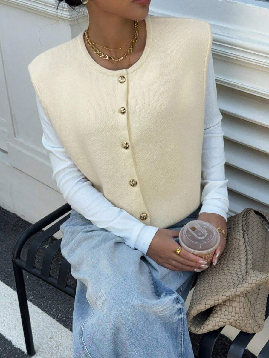 Siren Gaze 女士纯色圆领单排扣休闲针织背心，秋冬 - 白色 - 查看 1