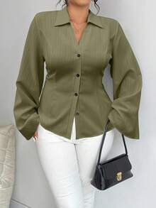 Elenzga Camisa de manga larga con botones y cintura para mujer, de unicolor y talla grande - Verde militar - Ver 1