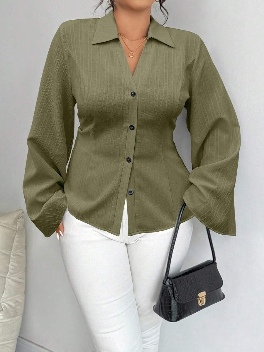 Elenzga Camisa de manga larga con botones y cintura para mujer, de unicolor y talla grande - Verde militar - Ver 1