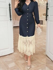 DAZY 法式复古二合一蕾丝拼布牛仔连衣裙 - 藏蓝色 - 查看 4