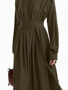 Lyxana Solid Drop Shoulder Belted Dress - Olive Green - View 3