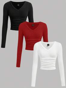 SHEIN EZwear Áo thun dài tay ôm sát cổ chữ V nhún eo giữ nhiệt nhiều màu sắc cho nữ, thoải mái & đa năng, phù hợp cho mùa thu/đông - Nhiều màu - Xem 3