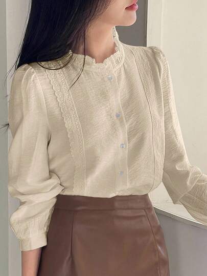 DAZY Elegant Stand Collar Puff Sleeve Women Blouse Long Sleeve Top