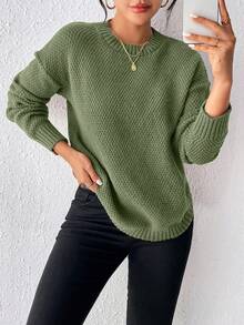 EMERY ROSE Casual Solid Color Arched Hem Sweater, Autumn/Winter - Army Green - View 5