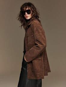 Ontre 2025新款女士冬季外套，高级百搭日常穿搭，深咖啡色，高领，腰带，口袋，宽松版型，长袖，柔软梭织面料，商务休闲，畅销纯色女式外套，商务通勤，万圣节，圣诞节，节日，度假派对，婚礼宾客着装，日常穿着，情人节，感恩节，秋冬季，韩版风格，时尚设计，适合5-15℃，优雅简约，时尚百搭通勤女式外套 - 鏽棕色 - 查看 6