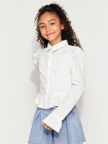 Radiana Tween Mädchen Lockere, lässige, minimalistische, bequeme Bluse mit Laternenärmeln, Rüschen und Puffärmeln, weiße Langarmbluse