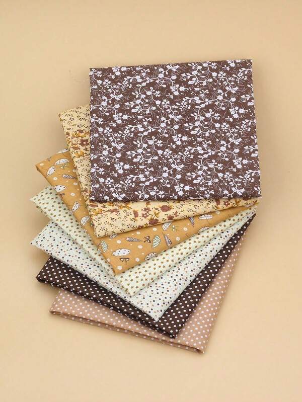 7pcs Set Thick Quilting Fabric Squares, 100% Precut Patchwork, Plaid Pattern, Hand Wash Only, With Assorted Floral And Polka Dot Designs For DIY Crafts