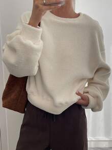 Livesso 女士宽松商务休闲简约保暖内衬厚款运动衫，秋冬 - 米色 - 查看 5