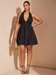 SHEIN BAE Plus Size Black Woven Drawstring Waist A-Line Backless Dress,Women Elegant Formal Evening Summer Sundress,Night Out Club Birthday Wedding Guest Outfit - Black - View 8