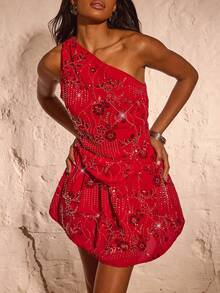 Opulessa 女式花卉亮片无袖上衣和迷你裙两件套 - 紅色 - 查看 1