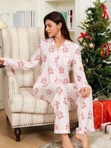 Conjunto de pijama rosa com estampa de boneco de gengibre listrado com tema natalino, aconchegante e elegante, ideal para o outono e inverno. - Rosa - Ver 8