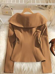 GlowEve Áo khoác nữ thanh lịch với họa tiết hoa cúc kim loại và cổ áo rộng - Màu Khaki - Xem 2