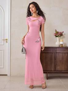 EastFlair Váy tay ngắn đính đá hoa cho nữ - Hồng - Xem 4