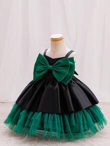 Glamorique Kids Baby Girls'Sleeveless Strap Black & Green Color Block Bow Decor Party Dress,Elegant Summer Evening Wedding Guest Emerald Green Tulle Tutu Skirt Dress - Black - View 3