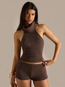 SHEIN BAE 棕色时尚性感高领羊绒舒适罗纹针织套头衫，适合老钱风格、乡村小屋、返校季、休闲套装、可爱套装、商务休闲、派对、夜店等场合。 - 棕色 - 查看 1