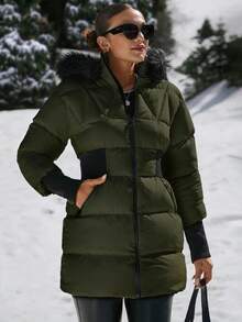 EURMUSE Padded Coat With Furry Hood And Adjustable Waist, Two Side Pockets, Thick And Fashionable Puffer Jacket, Quilting Details - Army Green - View 2