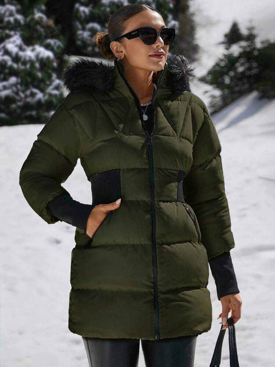 EURMUSE Padded Coat With Furry Hood And Adjustable Waist, Two Side Pockets, Thick And Fashionable Puffer Jacket, Quilting Details