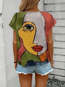 Sylviya Casual Full Print Portrait Pattern Women V-Neck Shirt, Suitable For Summer,Short Sleeve Tops Suitable For Going Out Chic Blouses For Women