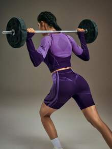 Powerista 女式高腰撞色滚边塑身运动短裤 - 紫色 - 查看 2