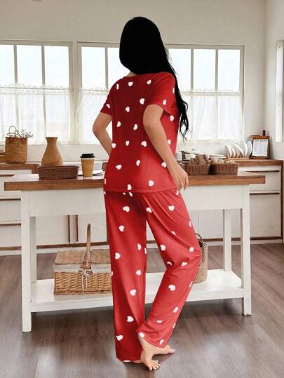 Women Heart Print Round Neck Short Sleeve Shorts Pajama Set view 2