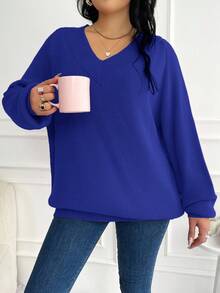 EURMUSE Plus Size Women's Loose Fit Sweater With Raglan Sleeve, Winter - Royal Blue - View 5