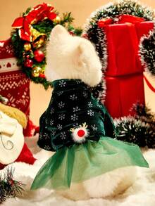 PETSIN 1pc Christmas Green Velvet Pet Dress – Snowflake & Silver Foil Splice, Mesh Bow Tie, Deer Decor, Luxurious Holiday Dog Outfit - Multicolor - View 3