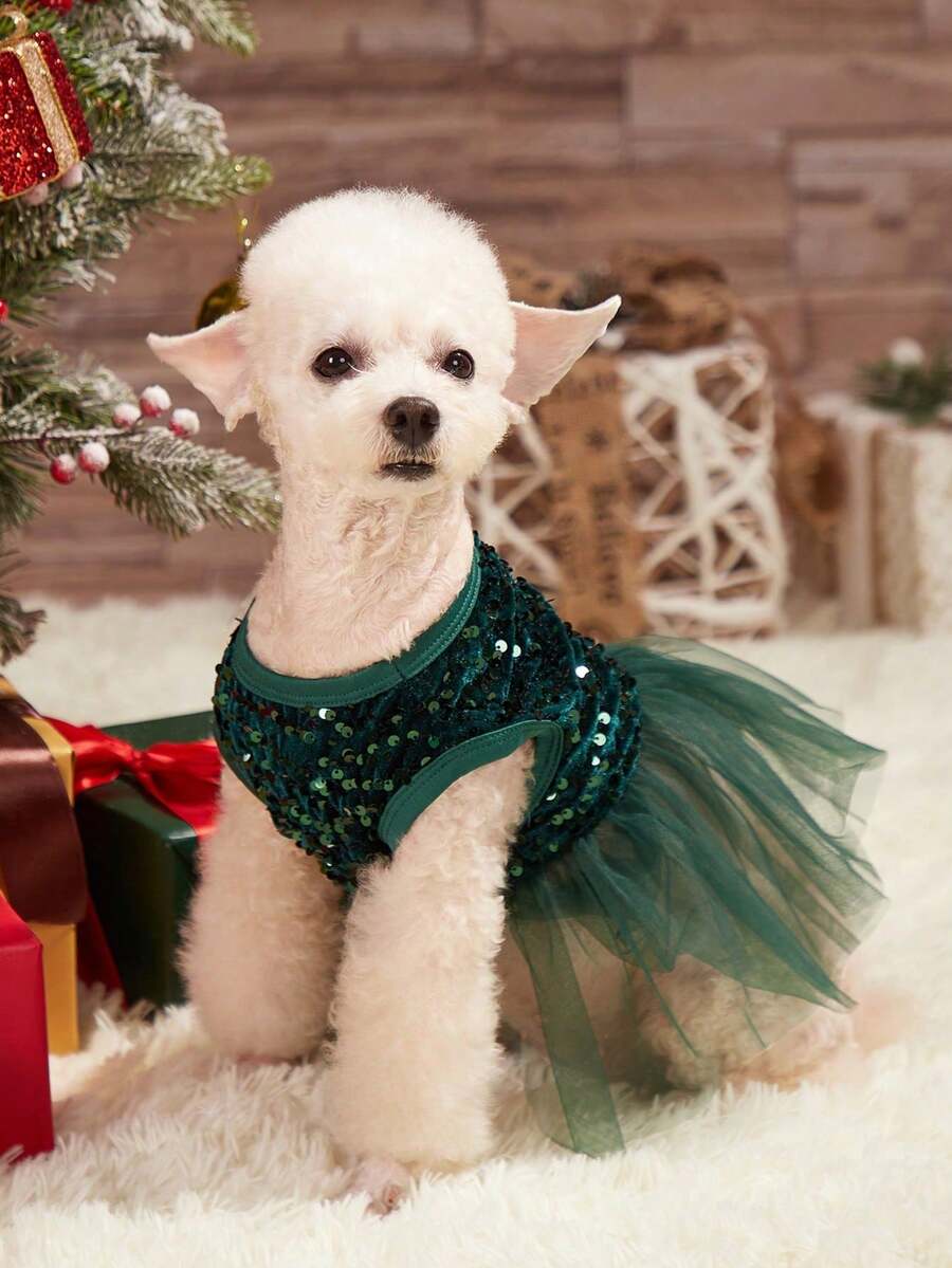 PETSIN Emerald Green Glitter Tulle Princess Dress For Dogs & Cats, Christmas Party Pom Pom Skirt - Dark Green - View 1