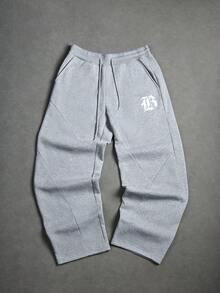 PAVTROS 男士休闲运动字母印花抽绳腰运动裤 - 灰色 - 查看 4